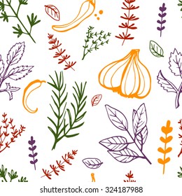 Seamless vintage pattern with ink hand drawn  herbs and plants sketch 