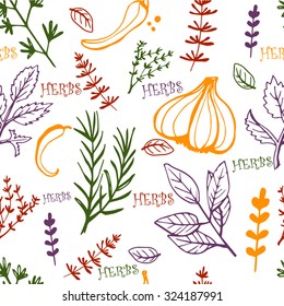 Seamless vintage pattern with ink hand drawn  herbs and plants sketch 
