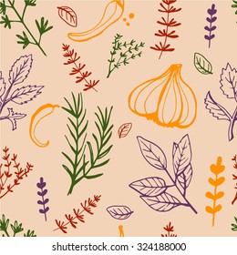 Seamless vintage pattern with ink hand drawn  herbs and plants sketch 