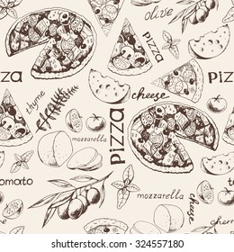 Seamless vintage pattern with italian food, pizza and ingredients, hand-drawn vector illustration.
