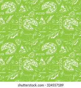 Seamless vintage pattern with italian food, pizza and ingredients, hand-drawn vector illustration.