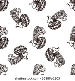 Seamless vintage pattern of jellyfish with curly tentacles in brown ink engraving style. Elegant marine illustration for nautical packaging and textile design.