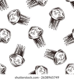 Seamless vintage pattern of jellyfish with short tentacles in brown ink engraving style. Marine wildlife sketch for nautical designs and packaging.