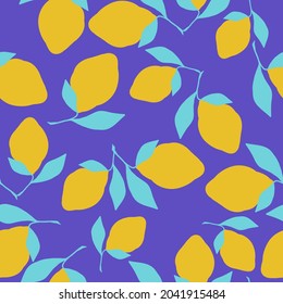 Seamless vintage pattern. Juicy lemons,bright blue leaves . lilac background. vector texture. trend print for textiles and wallpaper.