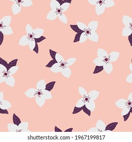 Patrón vintage sin foco. grandes flores blancas. hojas moradas. fondo rosa claro. Textura vectorial. impresión de moda para textiles y papel pintado.