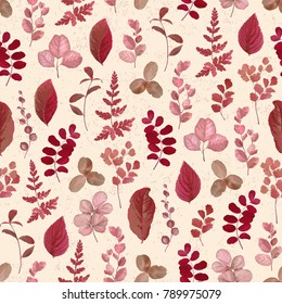 Seamless vintage pattern with leaves and branches, vector floral illustration.