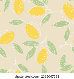 Seamless vintage pattern .lemon lemons with leaves , white flowers on a light background. vector texture. trend print for textiles and wallpaper.