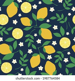 nahtlose Vintage-Muster von Zitronen. dunkelblauer Hintergrund. reife Zitronen, Blätter. weiße Blumen. Vektorstruktur. modischer Druck für Textilien und Tapeten.