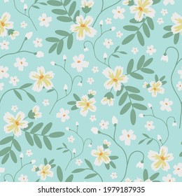 Patrón vintage sin foco. fondo azul claro . flores blancas grandes y pequeñas. hojas verdes. textura vectorial. impresión de moda para textiles y papel pintado.