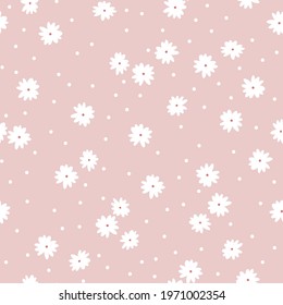 Seamless vintage pattern. light pink background. small white flowers. white dots. vector texture. fashionable print for textiles and wallpaper.