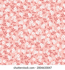 Nahtloses Vintage-Muster. hellrosa Hintergrund. kleine weiße Blumen. dunkelrosa Blätter. Vektortextur .trend print für Textilien und Tapeten.

