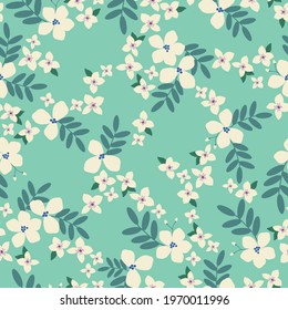 Seamless vintage pattern. light turquoise background. White milky flowers. vector texture. fashionable print for textiles and wallpaper.