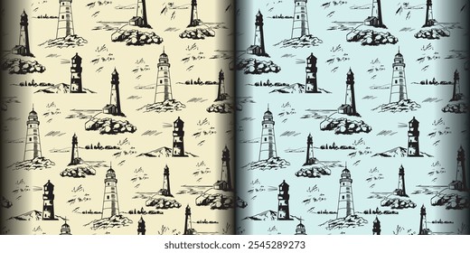 Seamless vintage pattern of lighthouses on coastal landscapes in monochrome tones. Perfect for backgrounds, wallpapers, and nautical-themed decor, blending retro style with timeless elegance