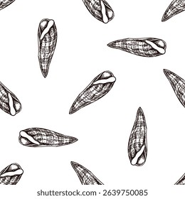 Seamless vintage pattern of long spiral seashell in brown ink engraving style. Perfect for nautical packaging, beach textile and decorative design elements.