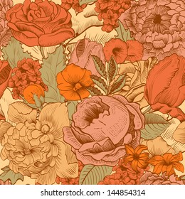 Seamless vintage pattern with lush colorful flowers