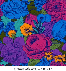 Seamless vintage pattern with lush colorful flowers