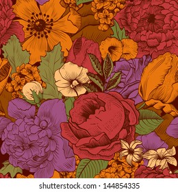 Seamless vintage pattern with lush colorful flowers