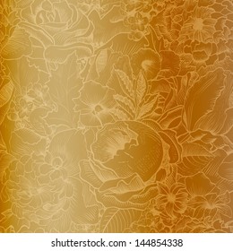 Seamless vintage pattern with lush flowers. Gold