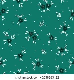 Patrón vintage sin foco. maravilloso blanco y negro
  flores, hojas y puntos blancos. fondo verde. textura vectorial. impresión de tendencia para textiles. 