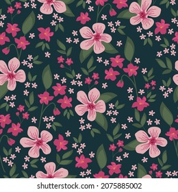 Seamless vintage pattern. marvelous pink flowers and green leaves outline on a dark green background. vector texture. fashionable print for textiles .