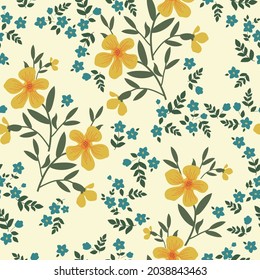 Seamless vintage pattern. marvelous yellow and small blue flowers, green leaves. light background. vector texture. fashion trend print for textiles. 