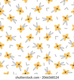 Seamless vintage pattern. marvelous yellow flowers and black outline leaves on a white background. vector texture. fashionable print for textiles, wallpaper and packaging.