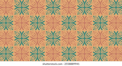 Seamless vintage pattern with motif and swirls in earthy tones of orange and green. Vector illustration background.