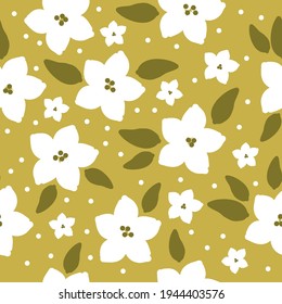 seamless vintage pattern . mustard background. large and small white flowers. vector texture. trend print for textiles and wallpaper.