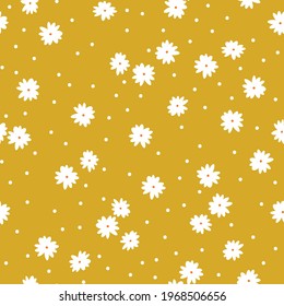 seamless vintage pattern. mustard background. white flowers. white dots. vector texture. trend print for textiles and wallpaper.