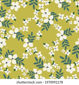 Seamless vintage pattern. mustard background. white flowers. green leaves. vector texture. trend print for textiles and wallpaper.