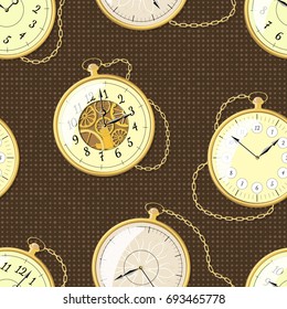 Seamless vintage pattern. An old pocket watch on a chain. Brutal background for the design of goods for men.