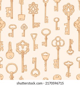 Seamless Vintage Pattern With Old Victorian Door Keys. Repeating Antique Print On Endless Background. Monochrome Texture Design For Textile, Wrapping. Hand-drawn Vector Illustration For Decoration