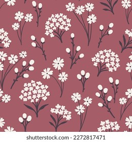 Patrón vintage sin foco en un fondo de amaranto. Pequeñas flores blancas. Textura vectorial. Impresión de moda para textiles y papel pintado.