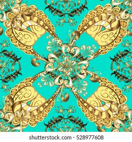 Seamless vintage pattern on aqua background with golden elements.