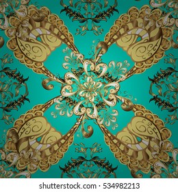 Seamless vintage pattern on aqua background with golden elements.