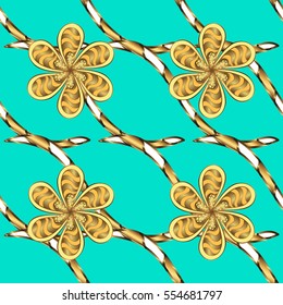 Seamless vintage pattern on aqua background with golden elements.