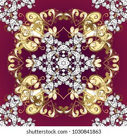 Seamless vintage pattern on background with golden elements and with white doodles. Christmas, snowflake, new year.