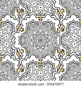 Seamless vintage pattern on background with golden elements. Christmas, snowflake, new year. Golden pattern on background with golden elements.