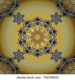 Seamless vintage pattern on background with golden elements and with white doodles. Christmas, snowflake, new year.