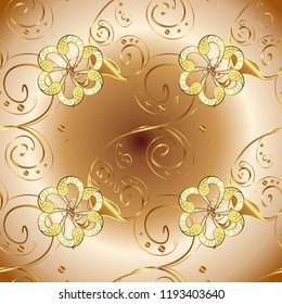 Seamless vintage pattern on beige, brown and yellow colors with golden elements. Christmas, snowflake, new year 2019.