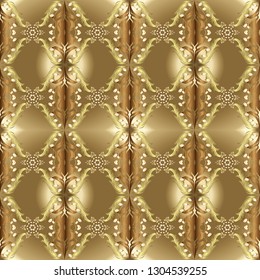 Seamless vintage pattern on beige and brown colors with golden elements. Christmas, snowflake, new year 2019.