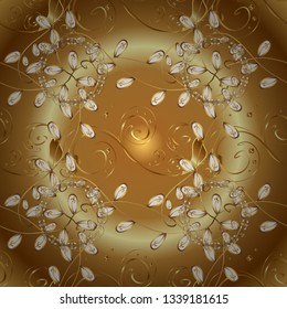Seamless vintage pattern on beige and brown colors with golden elements. Christmas, snowflake, new year 2019.