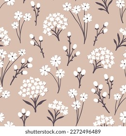 Seamless vintage pattern on beige background. Small white flowers. Vector texture. Fashionable print for textiles and wallpaper.