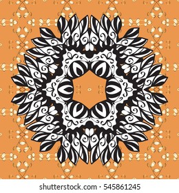 Seamless vintage pattern on beige background with golden elements. White mandala.