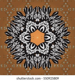Seamless vintage pattern on beige background with golden elements. White mandala. Radial gradient shape.