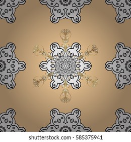 Seamless vintage pattern on beige background with golden elements and with white doodles. Christmas, snowflake, new year.