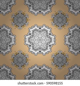 Seamless vintage pattern on beige background with golden elements and with white doodles. Christmas, snowflake, new year.