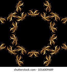 Seamless vintage pattern on black and yellow colors with golden elements. Christmas, snowflake, new year 2019.