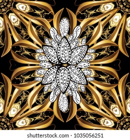 Seamless vintage pattern on black, brown and beige colors with golden elements. Christmas, snowflake, new year. Golden pattern on black, brown and beige colors with golden elements.