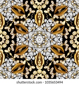 Seamless vintage pattern on black, white and brown colors with golden elements and with white doodles. Christmas, snowflake, new year.